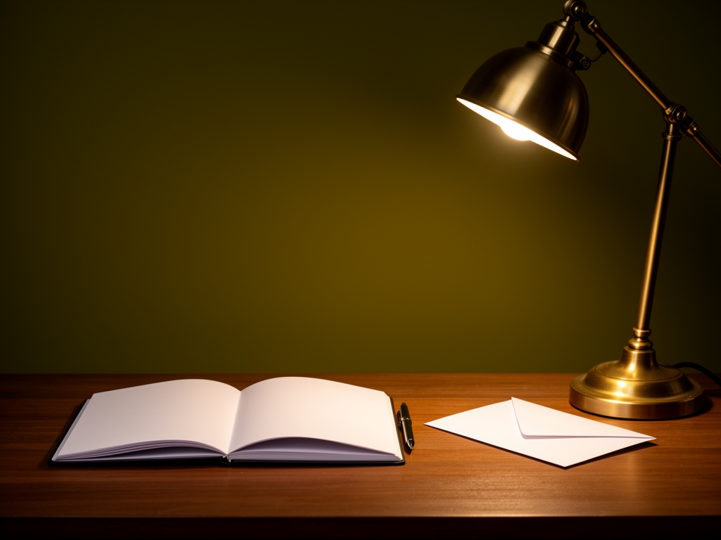 Quiet writing desk with a brass desk lamp casting warm light over an open notebook and a sealed envelope, set against a dark olive-toned wall, evoking thoughtful written correspondence