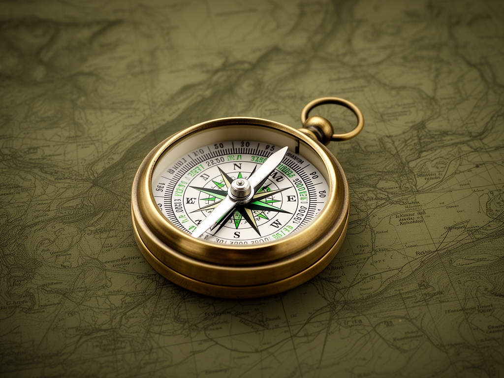 Close-up of a brass compass resting on a detailed topographic map, rendered in muted olive and sepia tones, representing orientation and structured navigation