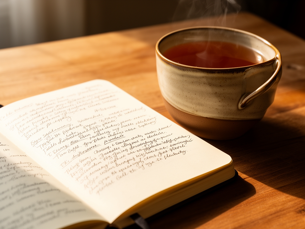 Close-up of an open journal with handwritten notes beside a ceramic cup of tea on a wooden desk in warm morning light, evoking deliberate personal reflection