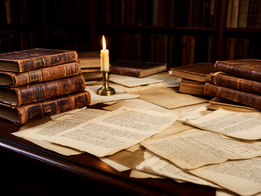 Old leather-bound books and aged manuscript pages spread across a dark oak library table in candlelight, suggesting historical study and scholarly inquiry
