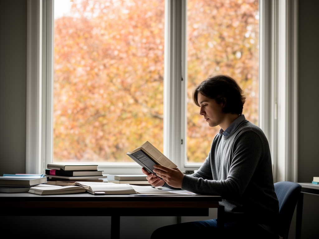 Person sitting quietly at a writing desk near a tall window with autumn trees visible outside, absorbed in reading, conveying focused individual study
