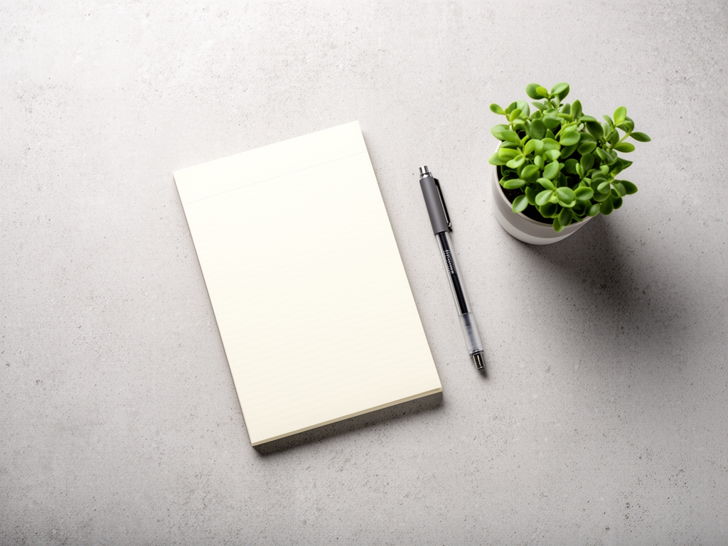 Overhead view of a minimalist workspace with a single notebook, fine-liner pen, and small potted plant arranged on a light grey concrete surface